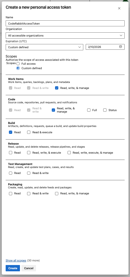 CodeRabbit azure devOps personal access token creation form